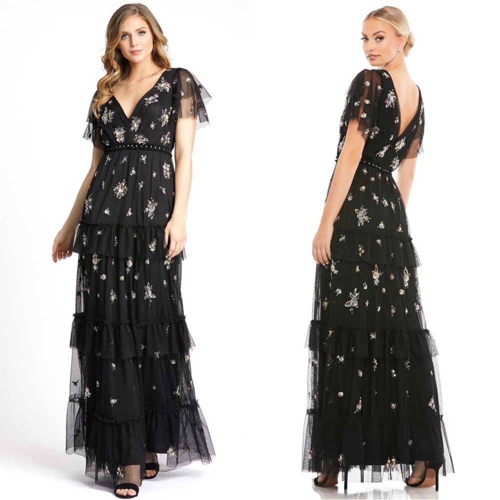Mac Duggal Black Tiered Maxi Dress with Silver Floral Accents